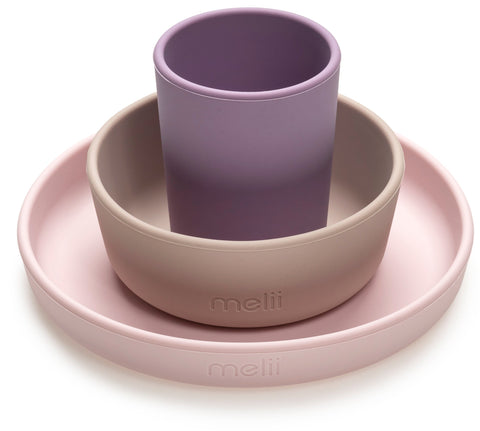 Melii 3 Piece Silicone Meal Set - Plate, Bowl & Cup (Pink, Grey, Purple)