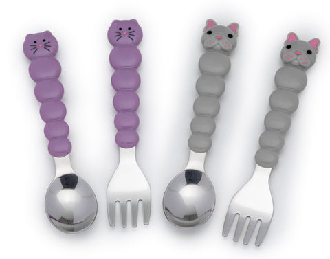 Melii Spoons & Forks Set - Purple Cat & Grey Bulldog (4 Pcs)