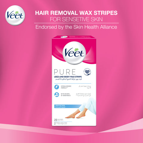 Veet Pure Legs & Body Hair Removal Wax Strips for Sensitive Skin, 20 Strips