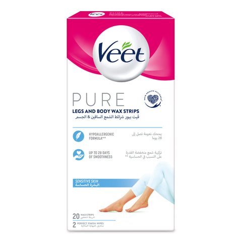 Veet Pure Legs & Body Hair Removal Wax Strips for Sensitive Skin, 20 Strips