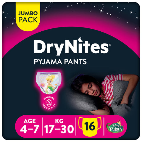 Huggies DryNites Pyjama Pants, 4-7 years, Bed Wetting Diaper, Girls, 17-30 kg, Jumbo Pack, 16 Pants