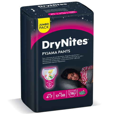 Huggies DryNites Pyjama Pants, 4-7 years, Bed Wetting Diaper, Girls, 17-30 kg, Jumbo Pack, 16 Pants