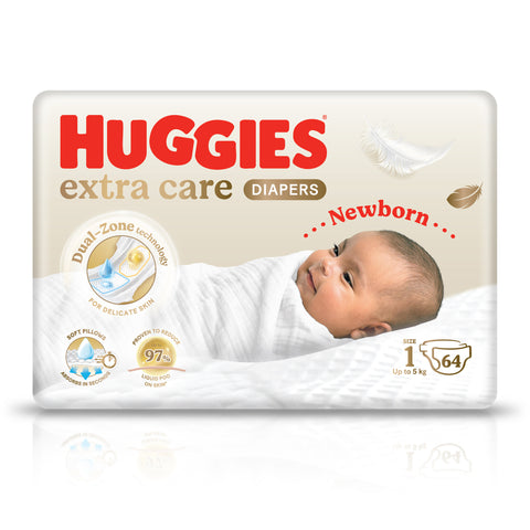 Huggies Extra Care Newborn Baby Diapers, Size 1 (Up to 5 kg), Jumbo Pack, 64 Diapers