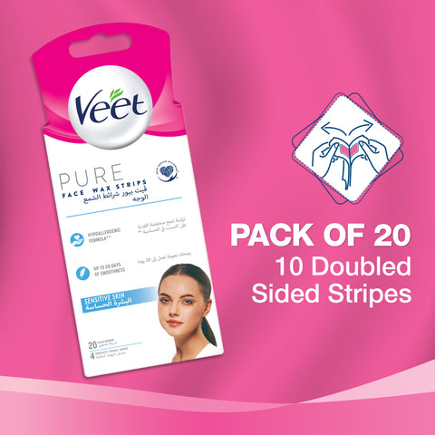 Veet Pure Face Hair Removal Wax Strips for Sensitive Skin, 20 Strips