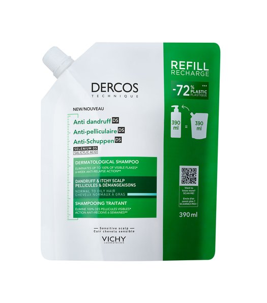 Vichy Dercos (Refill) Anti-Dandruff Shampoo for Normal to Oily Hair 390 ml | Refillable Hair Care, Dandruff