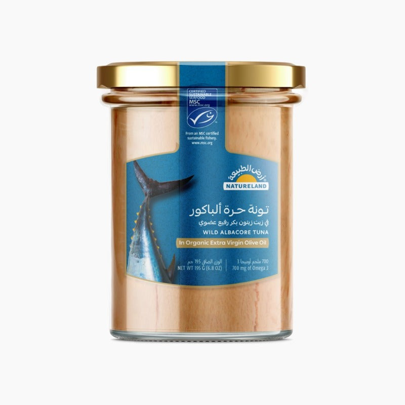 Natureland Wild Albacore Tuna in Organic Extra Virgin Olive Oil 195g | Cans & Jar Natureland Wild Albacore Tuna in Organic Extra Virgin Olive Oil 195g | Cans & Jar
