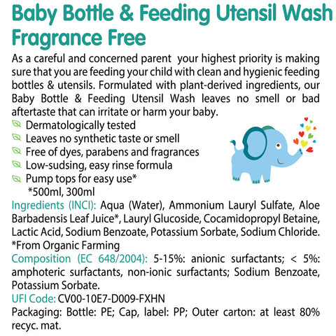 Friendly Organic 500Ml Fragrance Free Baby Bottle & Feeding Utensil Wash, Clear