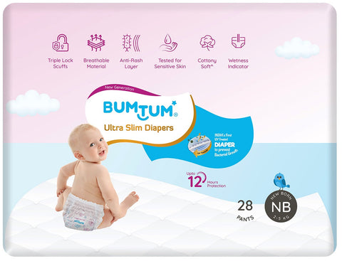 Bumtum UltraSlim Baby Pant Style Diapers NewBorn - Pack of 28