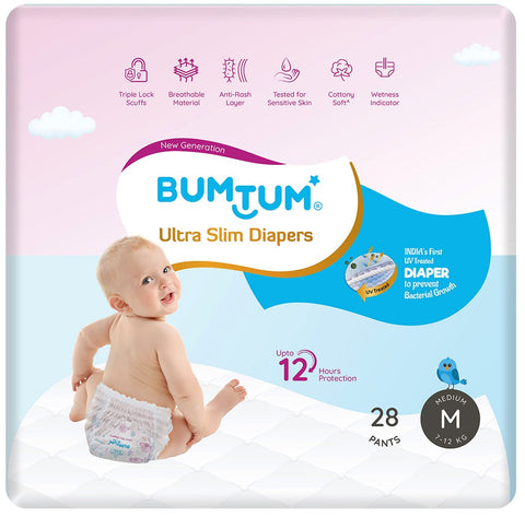 Bumtum UltraSlim Baby Pant Style Diapers Medium - Pack of 28