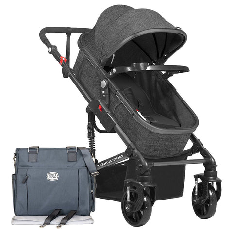 Teknum - 3 In 1 Story Pram Stroller And Diaper Bag Bundle (Space Grey)