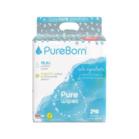 Pureborn Organic Cotton & Chamomile Extract Pure Wipes 4X60S