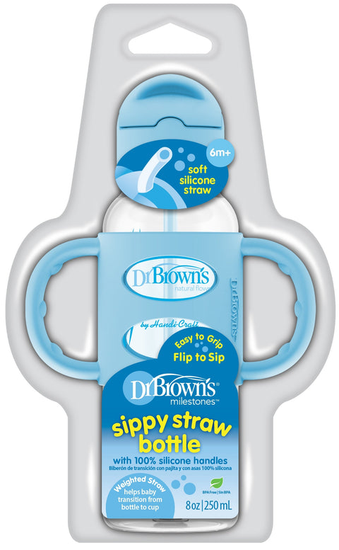 Dr.Browns Sippy Straw Bottle W/ Silicone Handles 250Ml (Blue)