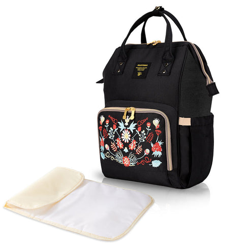 Sunveno - Diaper Bag With Changing Mat (Black Embroidery)